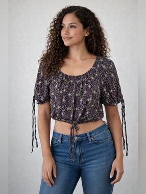💜 Free People Printed Gathered Sleeve Crop Top Medium
